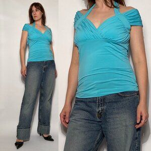 Vintage Y2K TEAL Unique Off Shoulder Halter Top -- Medium to Large
